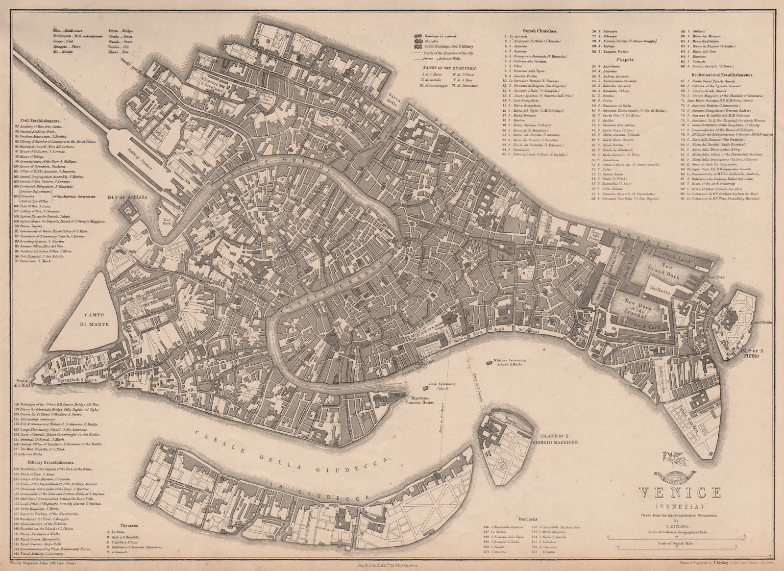 VENICE VENEZIA. Large town/city plan by T. ETTLING. Dispatch Atlas 1862 map